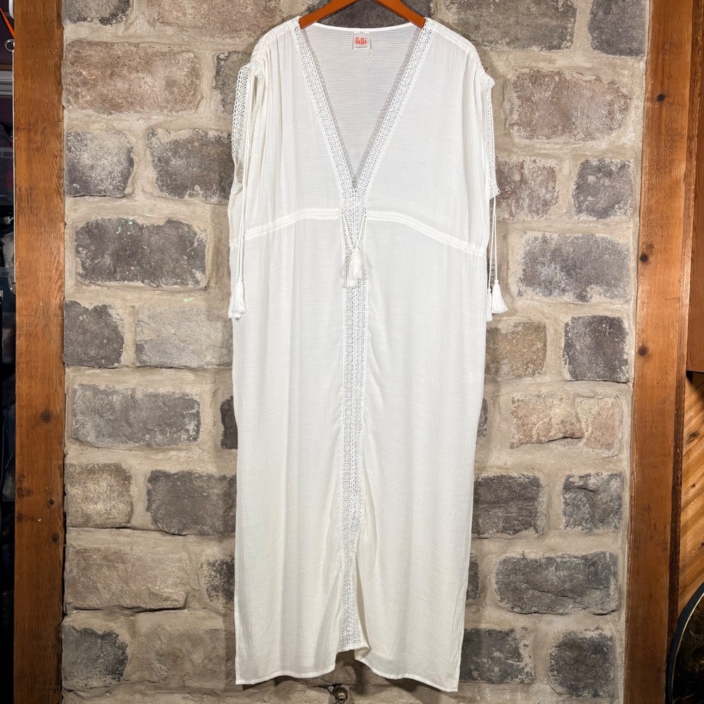 Bette White Crochet Lace Trim Maxi Kimono Cover Up Kaftan Dress One Size‎